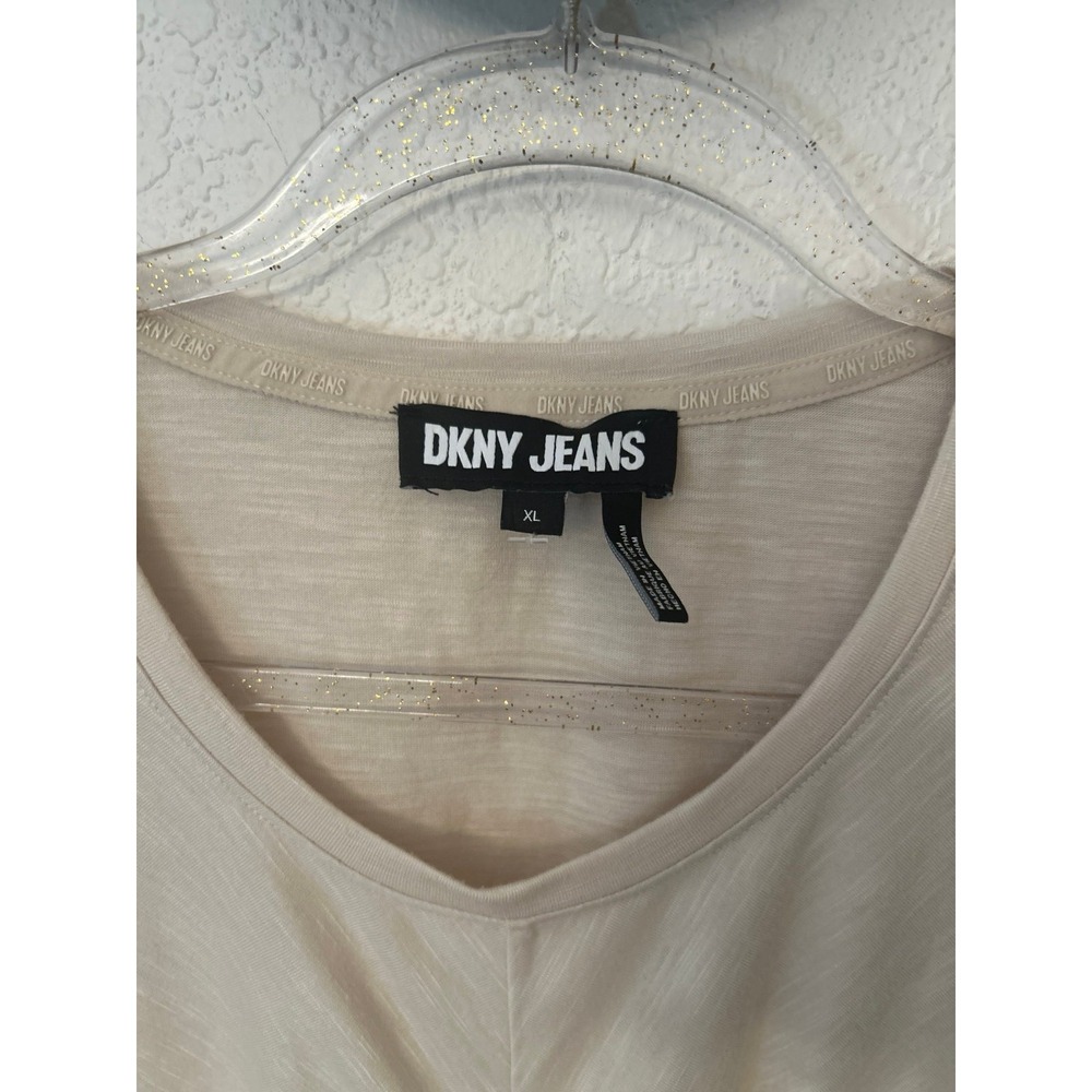 DKNY Beige Ruched Ribbed Short Sleeve Tee XL - Picture 2 of 3